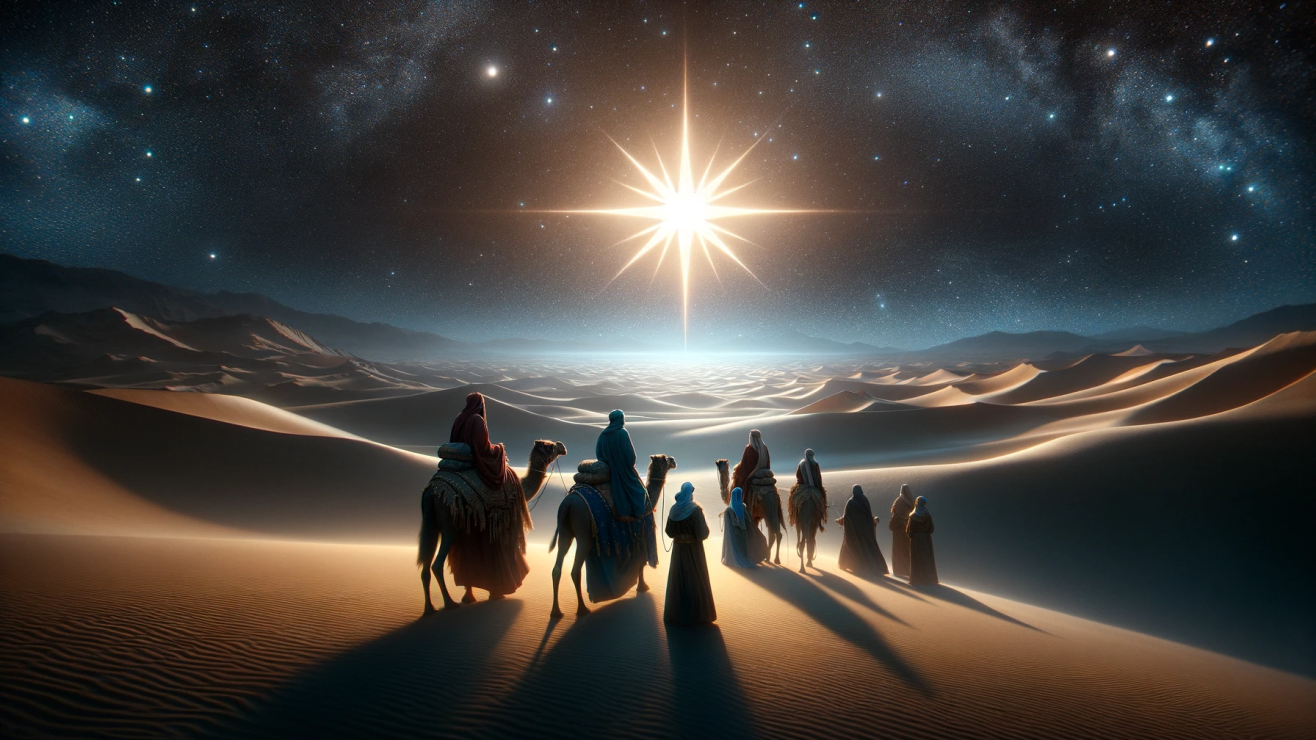 DALL·E-2023-12-17-15.49.23-A-hyper-realistic-depiction-of-the-Star-of-Bethlehem-as-a-bright-shimmering-supernova-in-a-night-sky.-In-the-foreground-three-wise-men-each-of-a-di