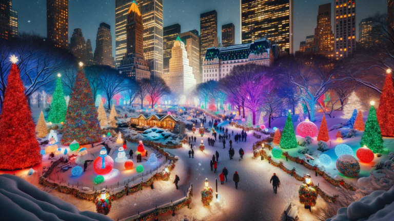 DALL·E-2023-12-17-16.53.43-A-Christmas-themed-Central-Park-in-New-York-City-covered-in-a-blanket-of-snow.-The-park-is-illuminated-by-vibrant-Christmas-lights-in-a-variety-of-co