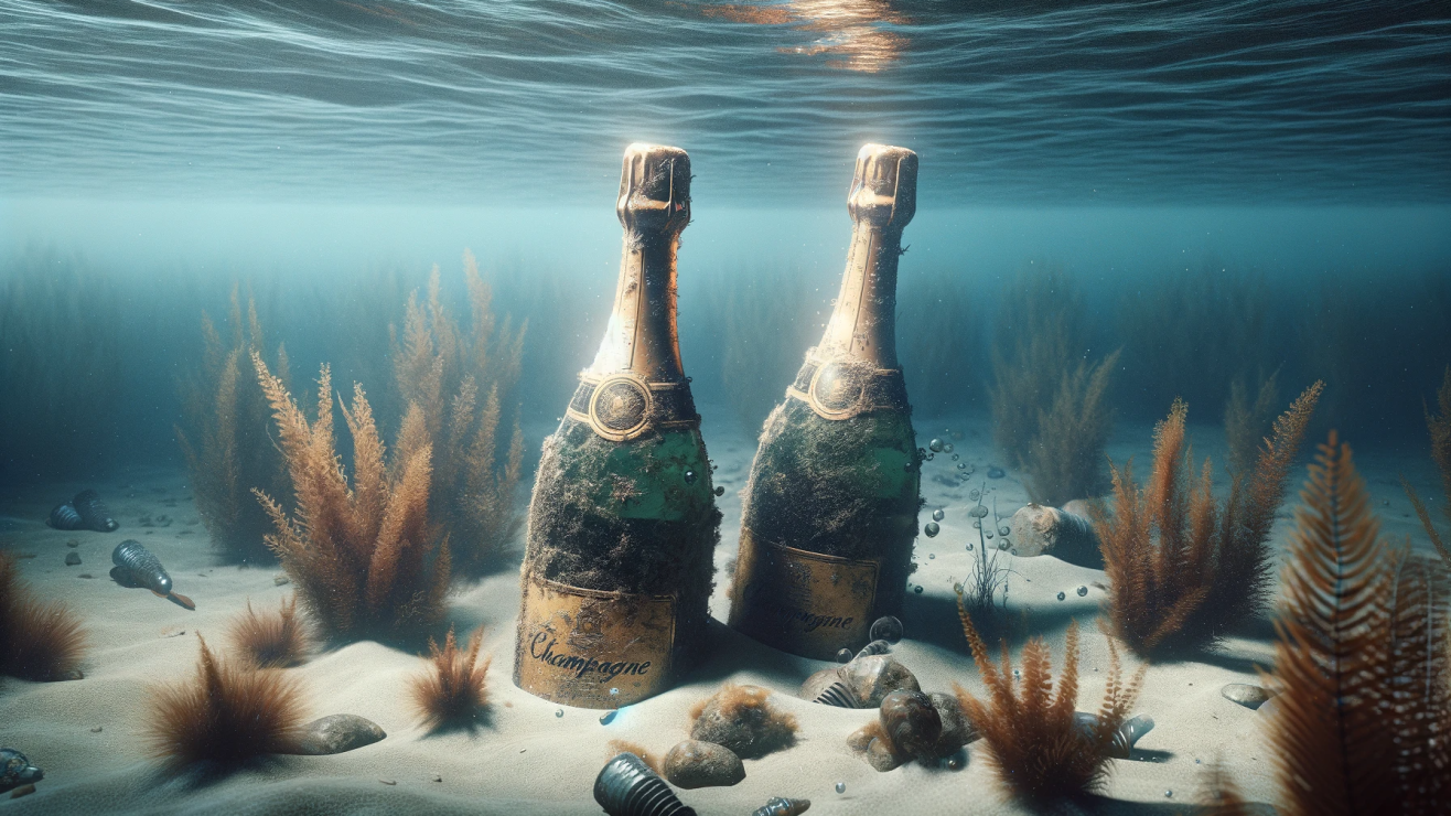 DALL·E-2023-12-28-18.43.54-A-horizontal-ultra-realistic-4K-image-depicting-champagne-bottles-resting-on-the-sea-floor.-The-ocean-water-is-clear-revealing-the-intricate-details