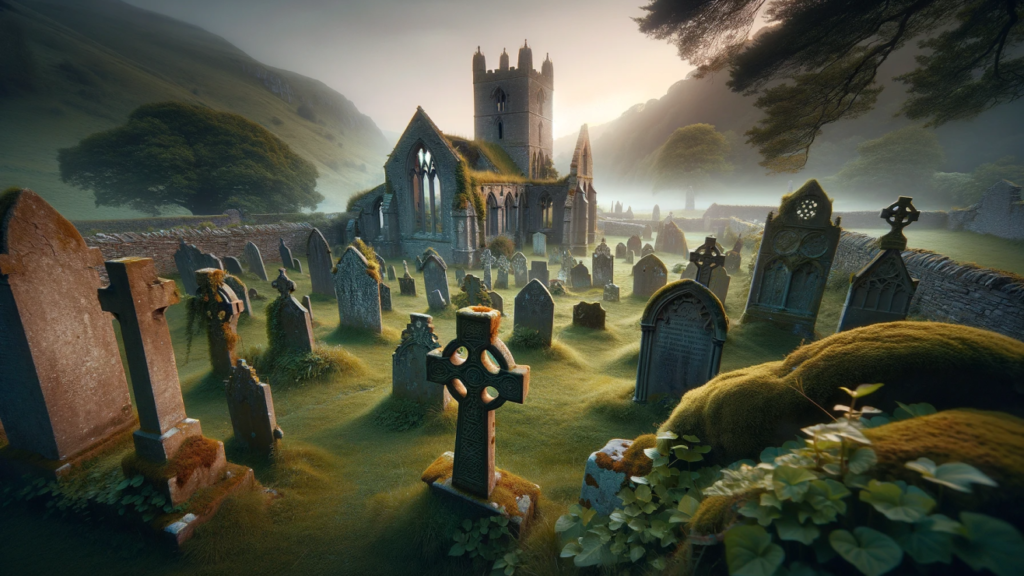 DALL·E-2024-01-03-15.32.01-A-hyper-realistic-64K-wide-image-of-a-medieval-cemetery-in-Wales-in-a-horizontal-format.-The-scene-is-set-during-a-misty-twilight-enhancing-the-anci