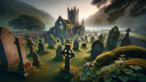 DALL·E-2024-01-03-15.32.01-A-hyper-realistic-64K-wide-image-of-a-medieval-cemetery-in-Wales-in-a-horizontal-format.-The-scene-is-set-during-a-misty-twilight-enhancing-the-anci
