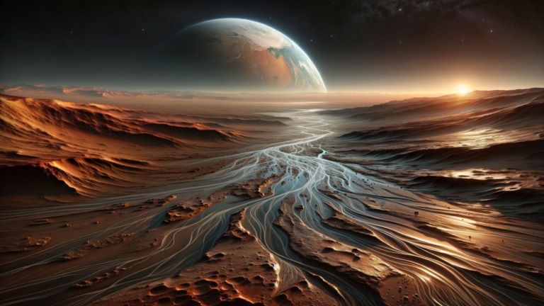 DALL·E-2024-01-16-16.07.44-A-hyper-realistic-image-of-Mars-as-viewed-from-its-surface.-The-scene-depicts-rivers-of-flowing-water-on-the-Martian-landscape.-In-the-distance-the-p
