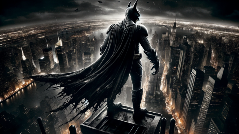 DALL·E-2024-01-31-15.25.43-El-hombre-murcielago-visto-de-espaldas-de-pie-en-lo-alto-de-un-rascacielos-mirando-hacia-una-vista-aerea-y-panoramica-de-la-ciudad-de-Nueva-York.-L